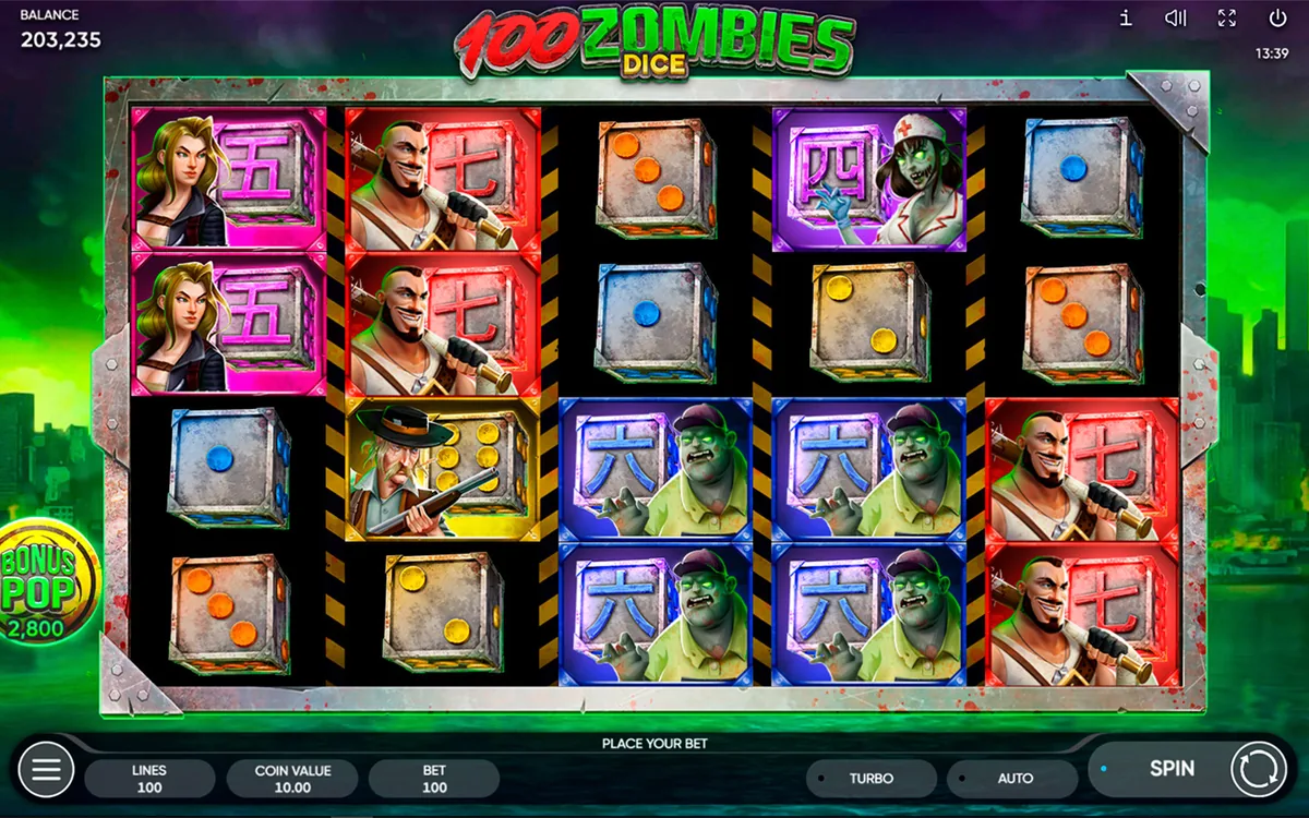 100 Zombies Dice official Endorphina gameplay screen showing the reel layout