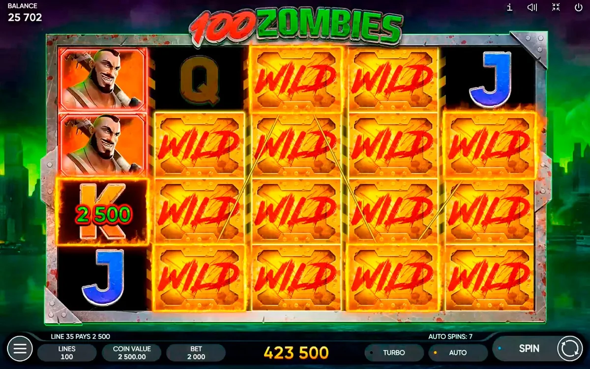 100 Zombies official Endorphina gameplay screen showing the reel layout