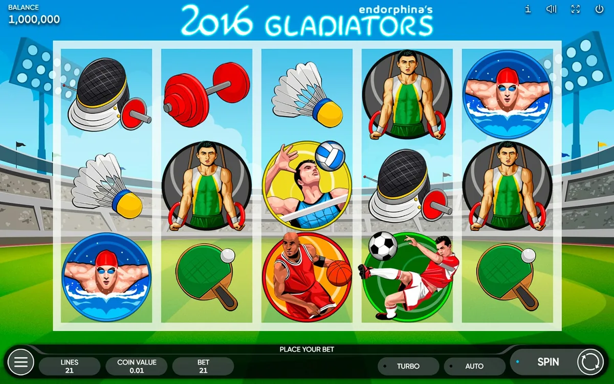 2016 Gladiators official Endorphina gameplay screen showing the reel layout