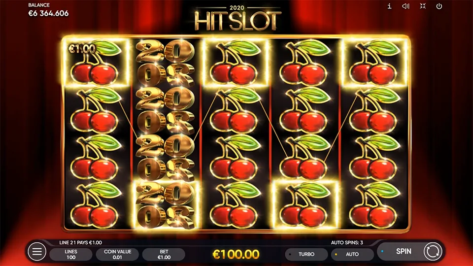 2020 HIT SLOT official Endorphina gameplay screen showing the reel layout