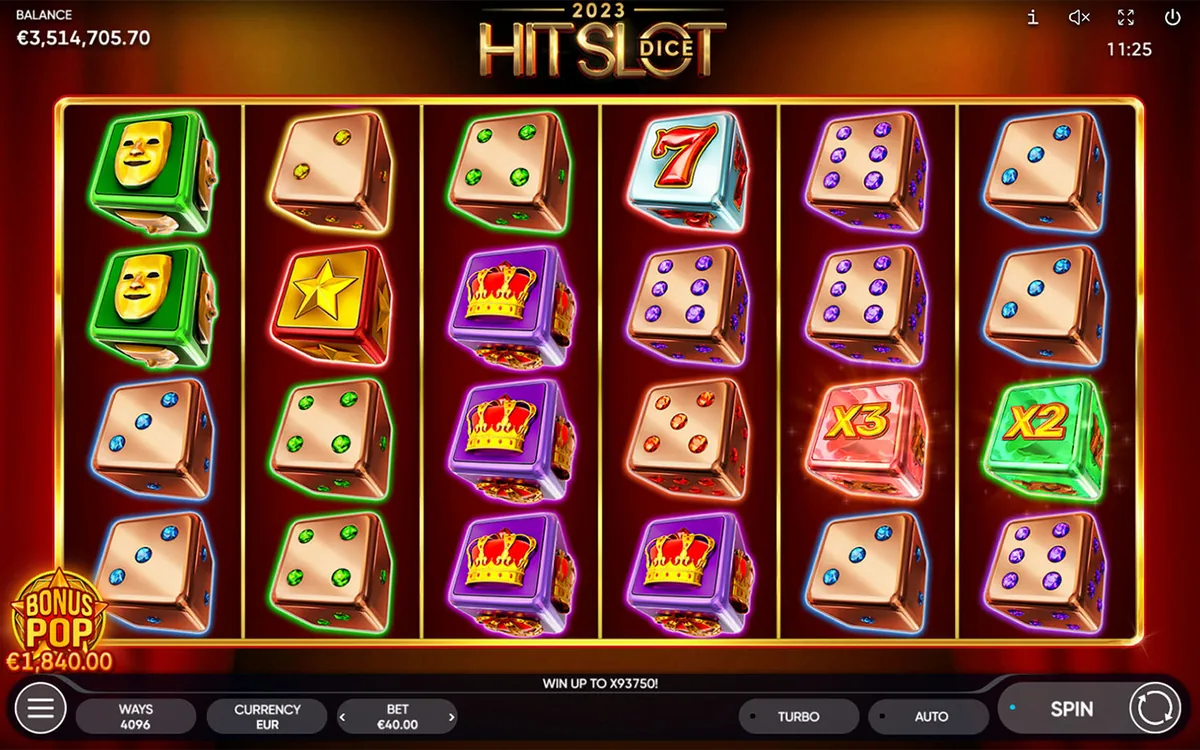 2023 Hit Slot Dice official Endorphina gameplay screen showing the reel layout