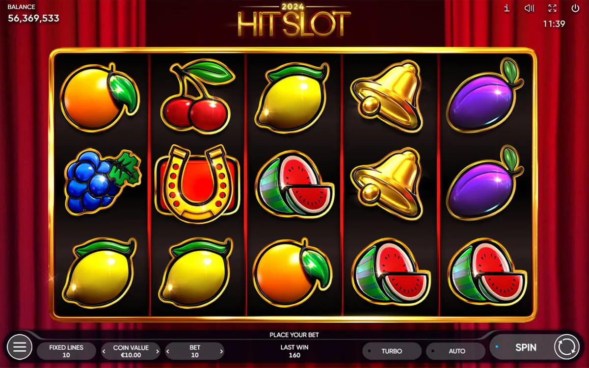 2024 Hit Slot official Endorphina gameplay screen showing the reel layout