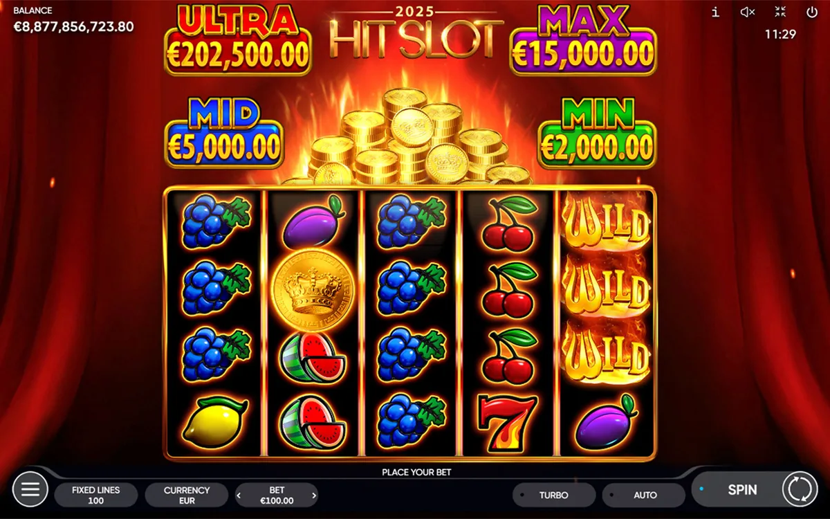 2025 Hit Slot official Endorphina gameplay screen showing the reel layout