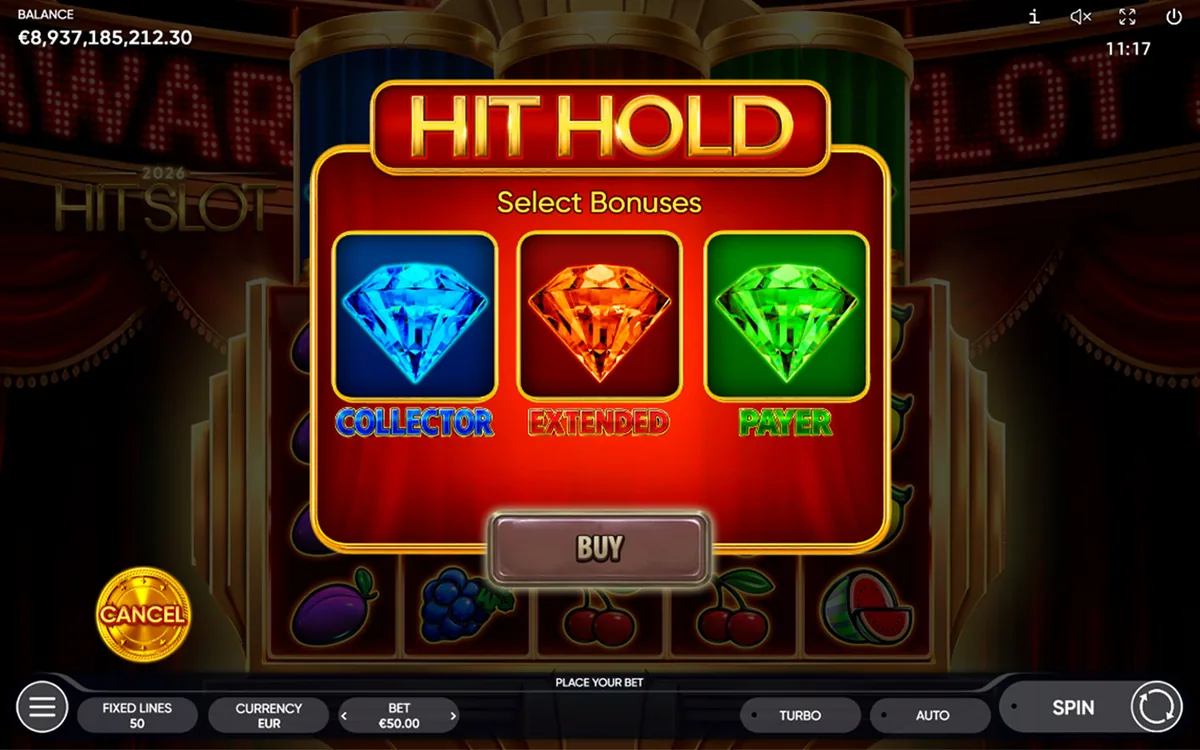 2026 Hit Slot official Endorphina gameplay screen showing the reel layout