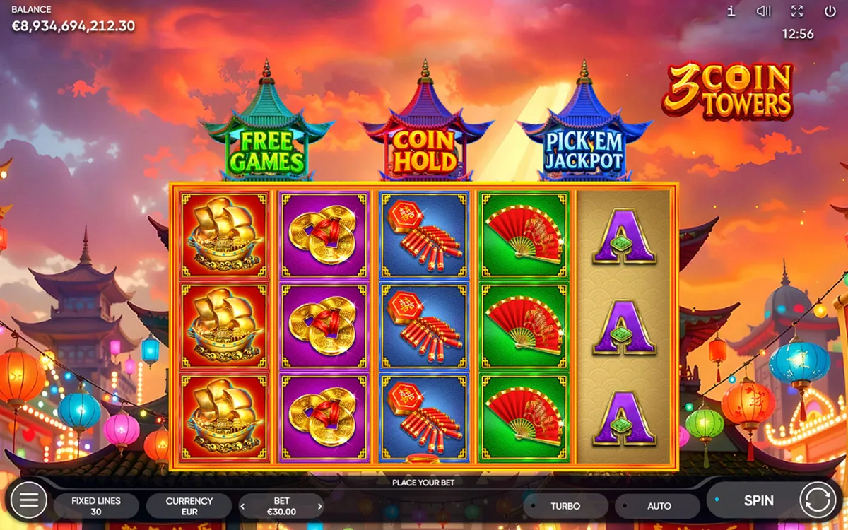 3 Coin Towers official Endorphina gameplay screen showing the reel layout