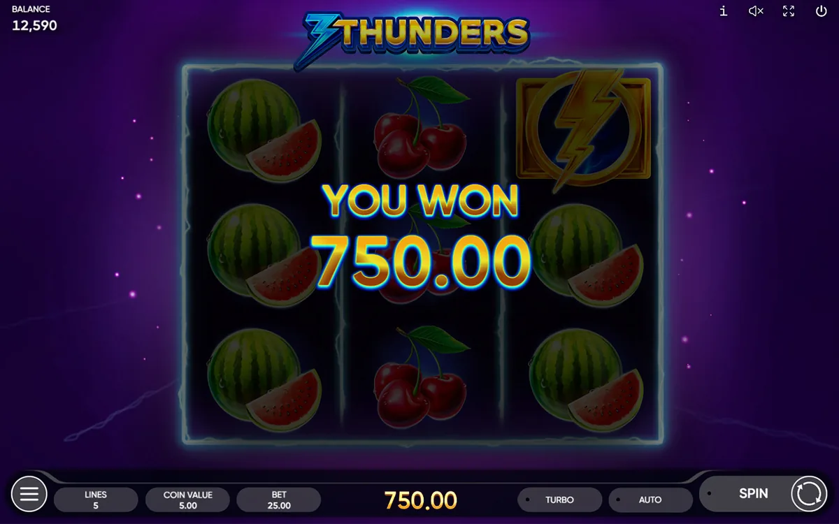3 Thunders official Endorphina gameplay screen showing the reel layout