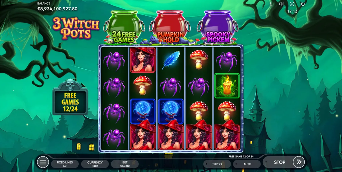 3 Witch Pots official Endorphina gameplay screen showing the reel layout