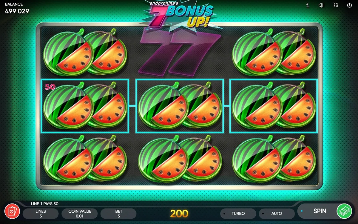 7 BONUS UP! official Endorphina gameplay screen showing the reel layout