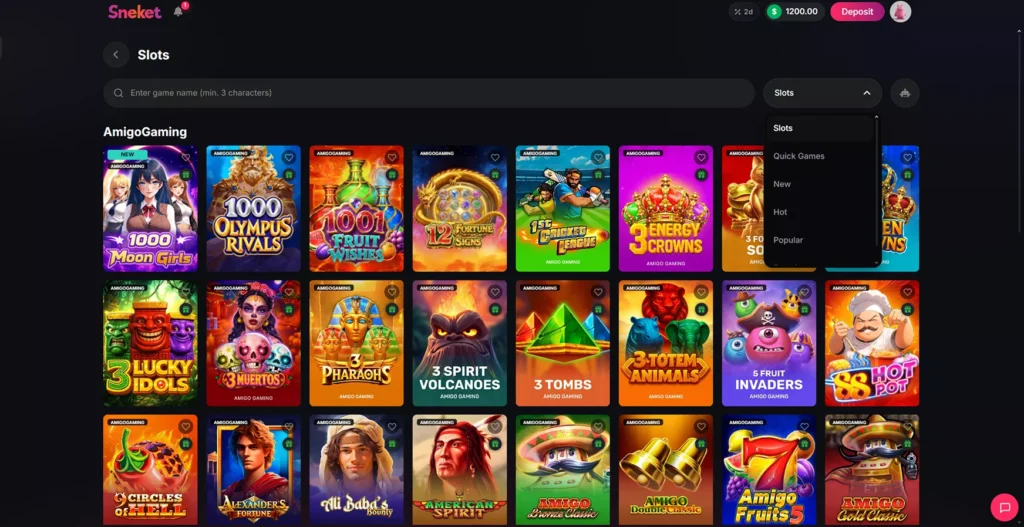 Sneket Casino slots and game categories