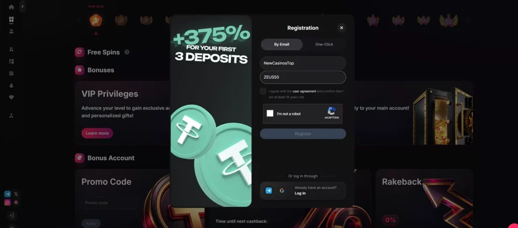 Sneket Casino registration form on desktop
