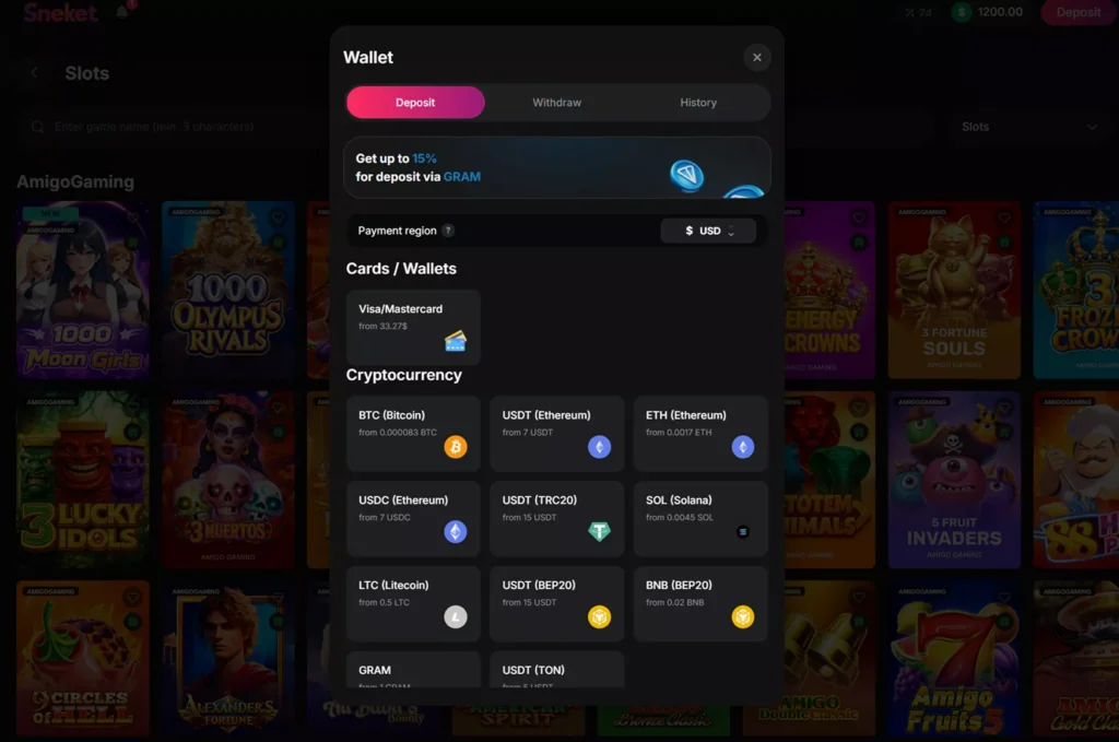 Sneket Casino deposit options and crypto cashier