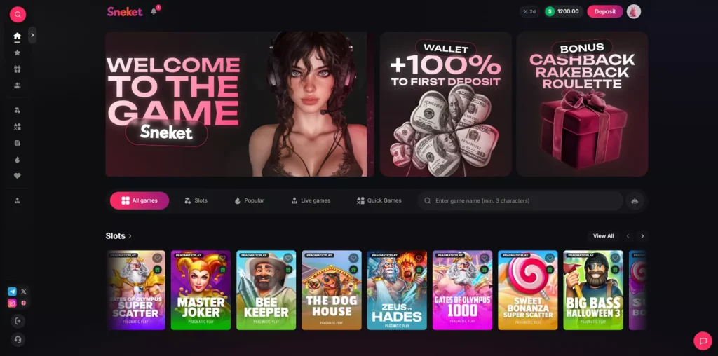 Sneket Casino homepage with game lobby and navigation