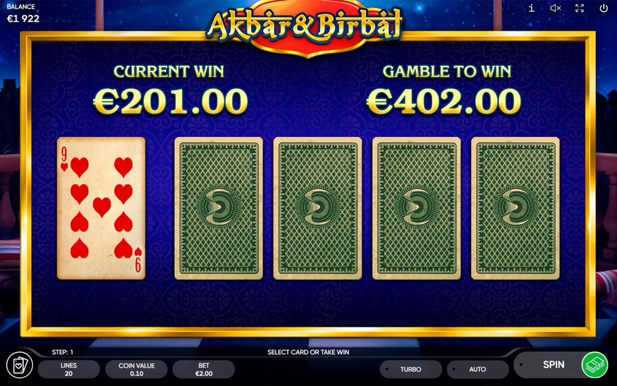 Akbar & Birbal official Endorphina gameplay screen showing the reel layout