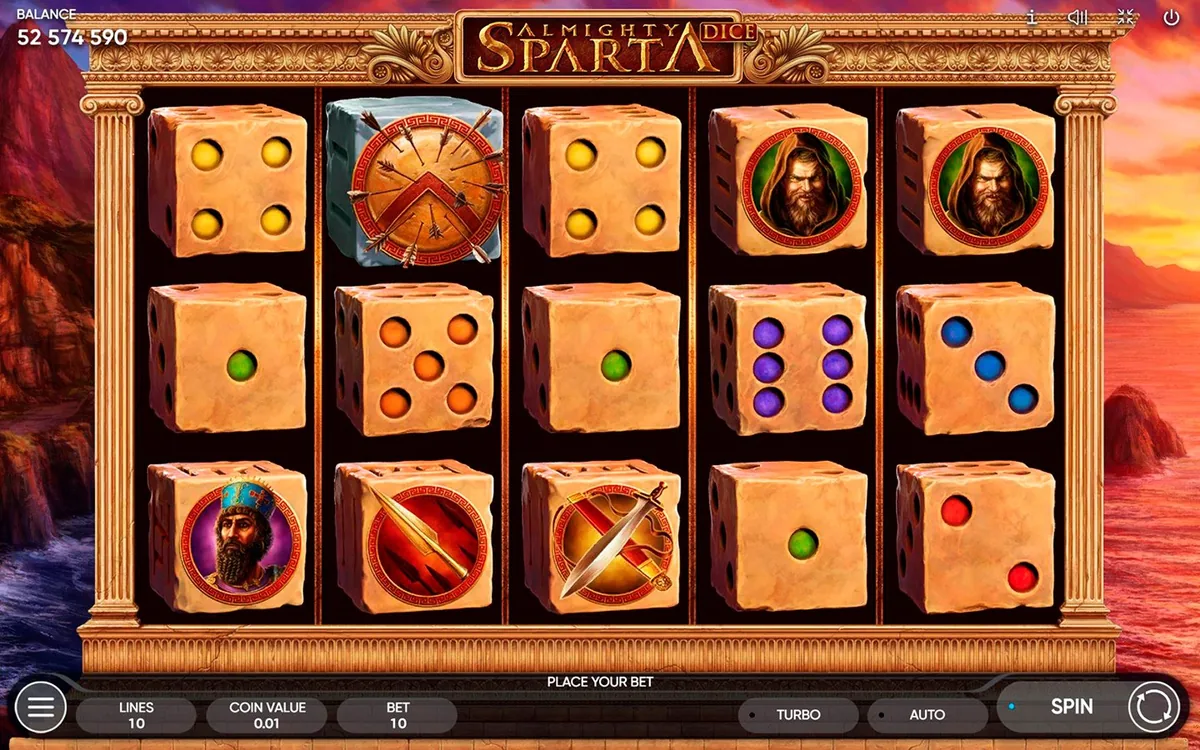Almighty Sparta Dice official Endorphina gameplay screen showing the reel layout