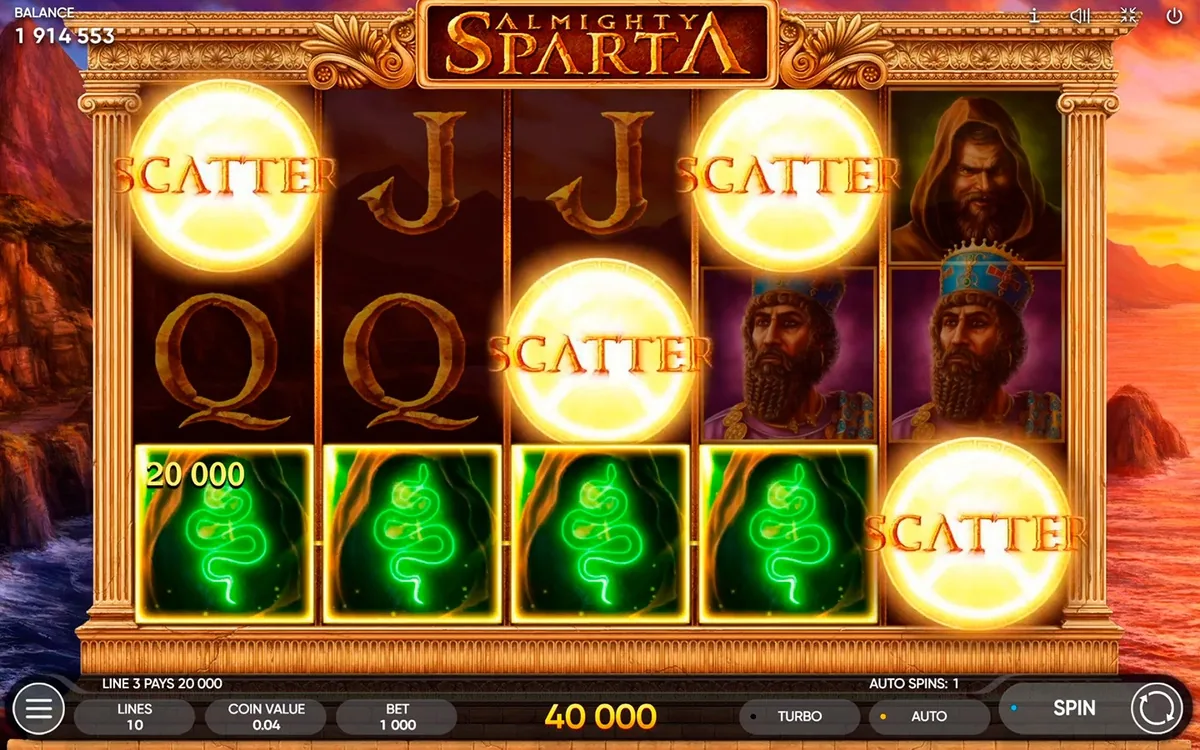 Almighty Sparta official Endorphina gameplay screen showing the reel layout