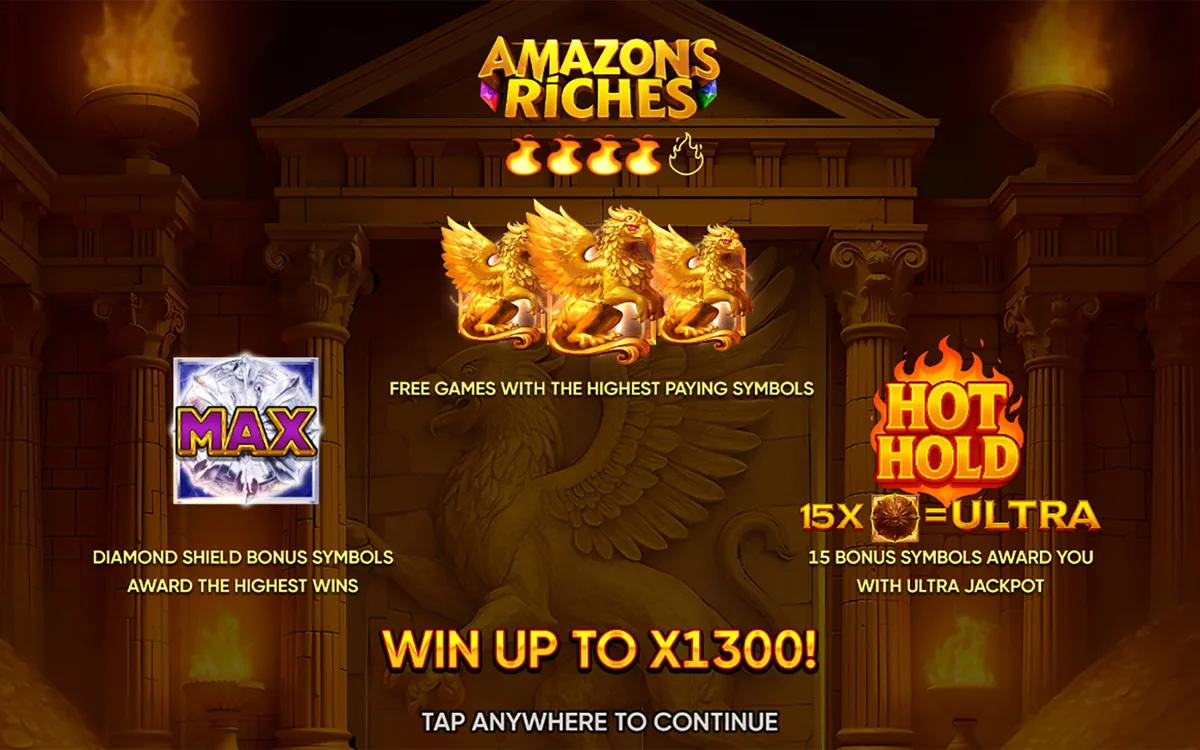 Amazons Riches official Endorphina gameplay screen showing the reel layout