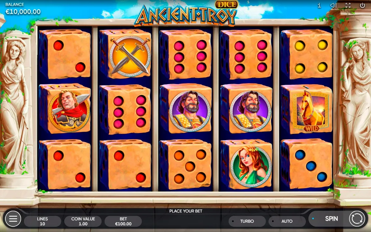Ancient Troy Dice official Endorphina gameplay screen showing the reel layout