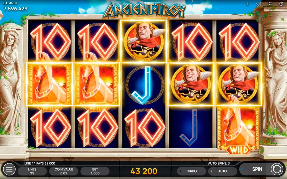 Ancient Troy official Endorphina gameplay screen showing the reel layout