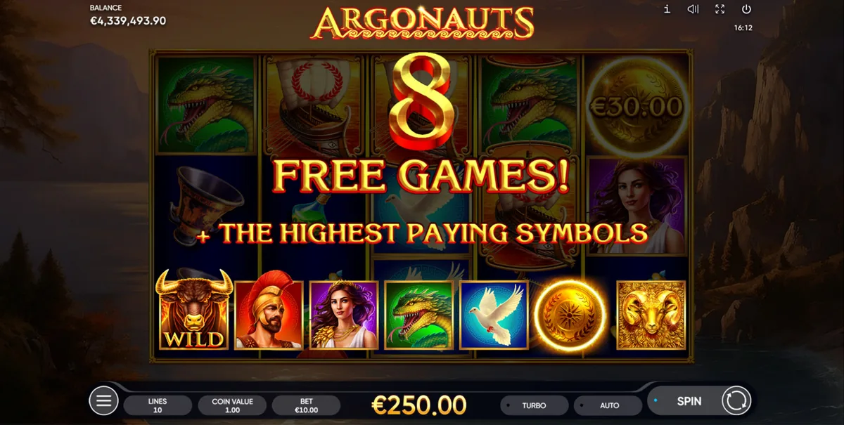 Argonauts official Endorphina gameplay screen showing the reel layout