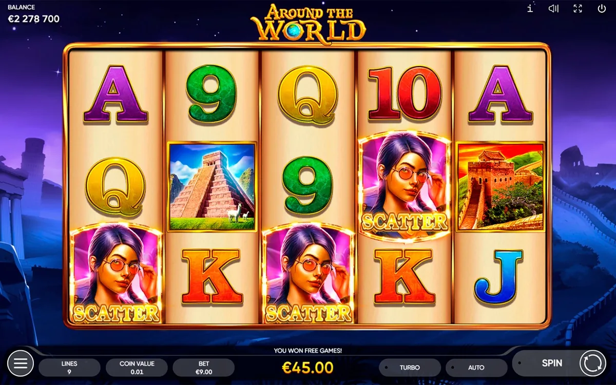 Around the World official Endorphina gameplay screen showing the reel layout