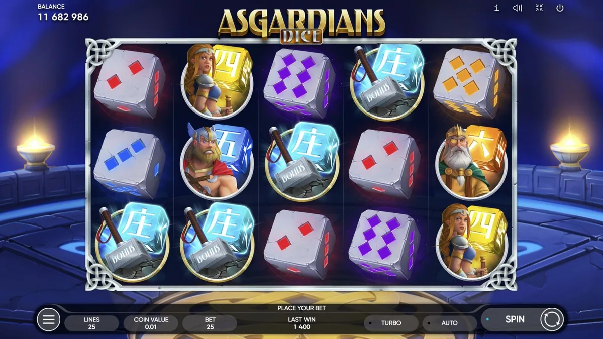 Asgardians Dice official Endorphina gameplay screen showing the reel layout