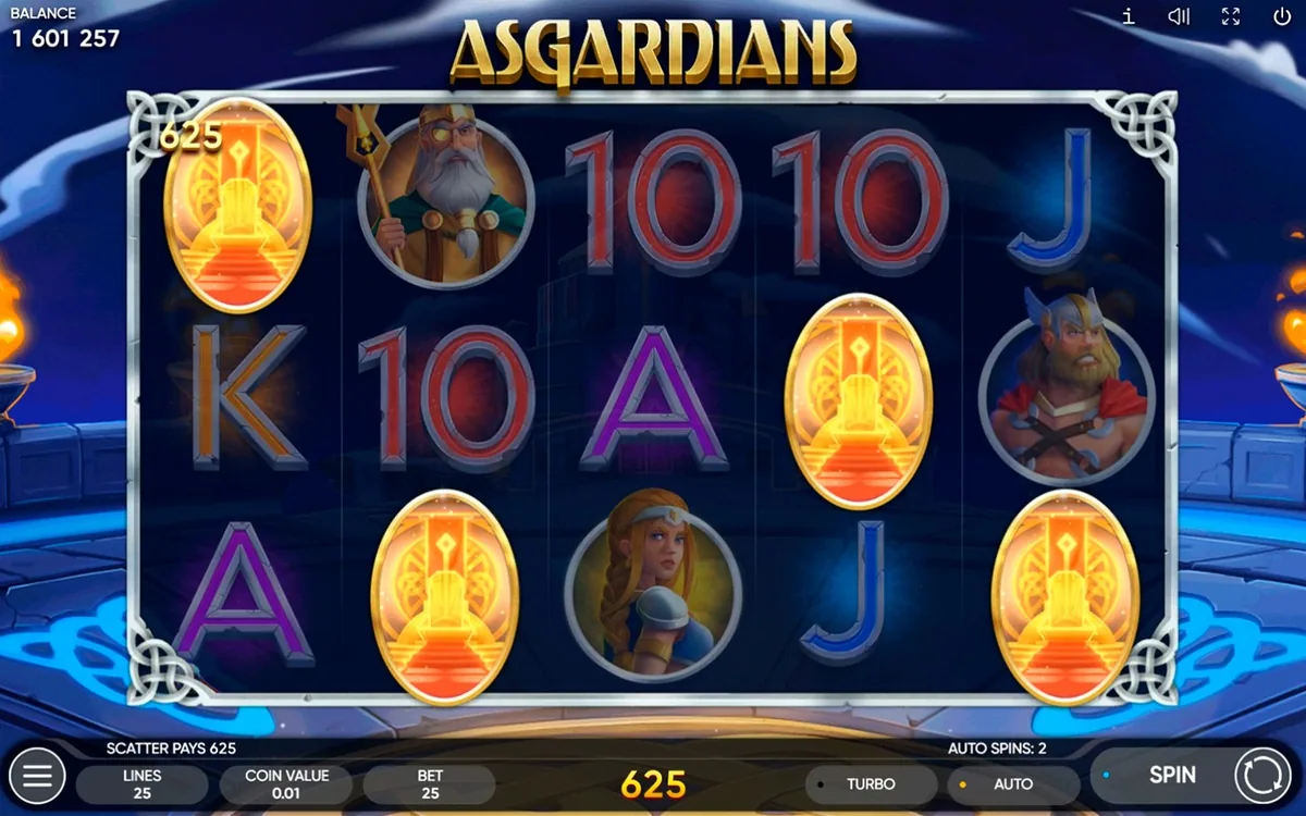 Asgardians official Endorphina gameplay screen showing the reel layout