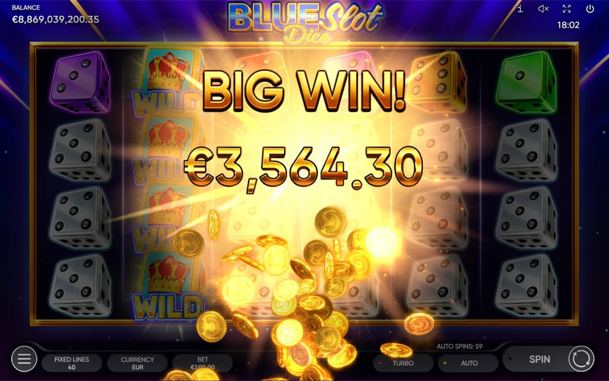 Blue Slot Dice official Endorphina gameplay screen showing the reel layout