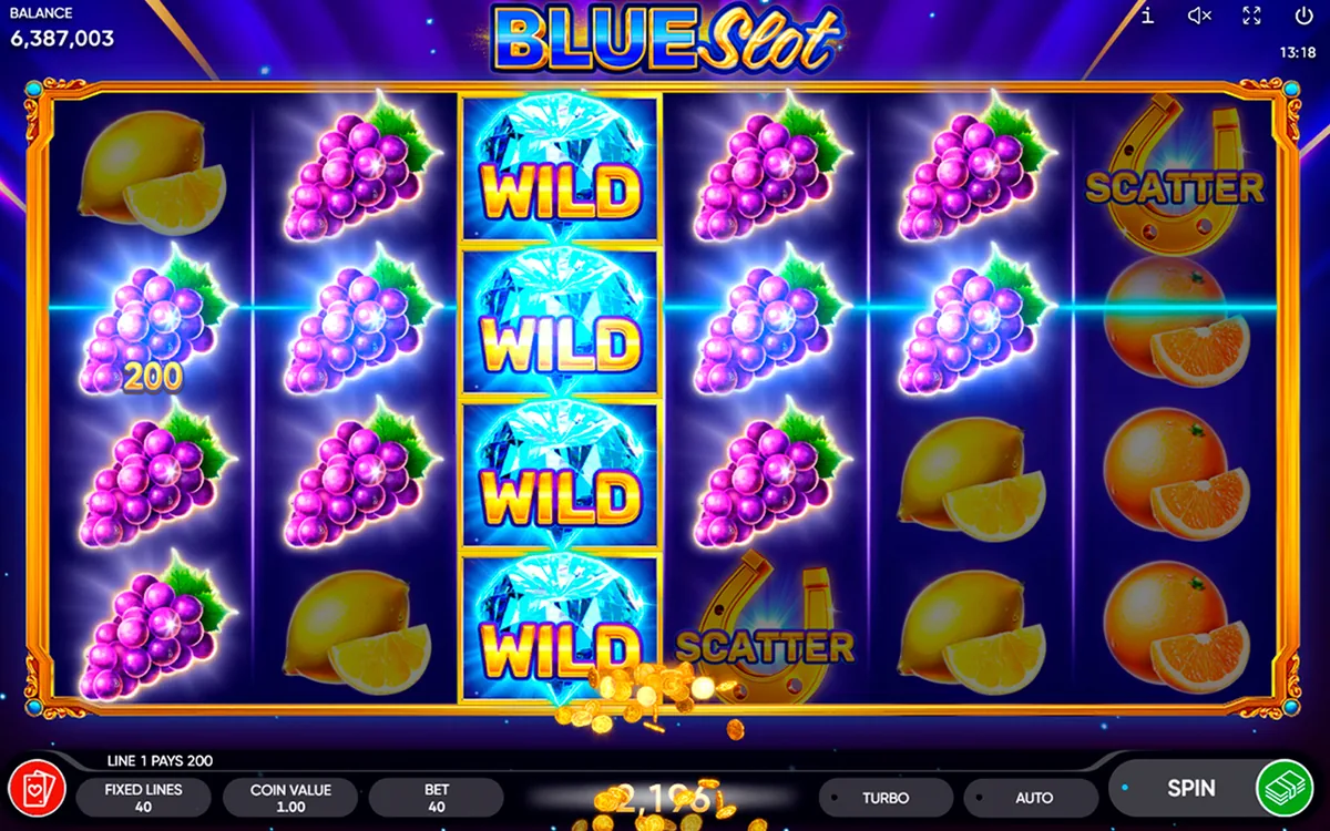 Blue Slot official Endorphina gameplay screen showing the reel layout