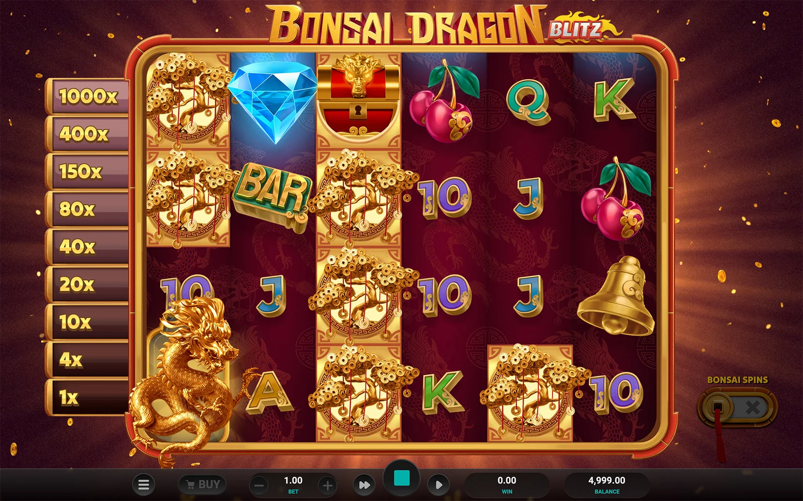 Bonsai Dragon Blitz gameplay screen showing the main game mechanics