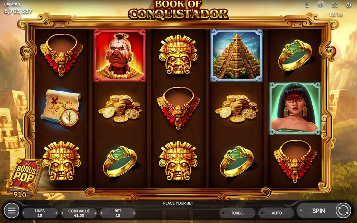 Book of Conquistador official Endorphina gameplay screen showing the reel layout