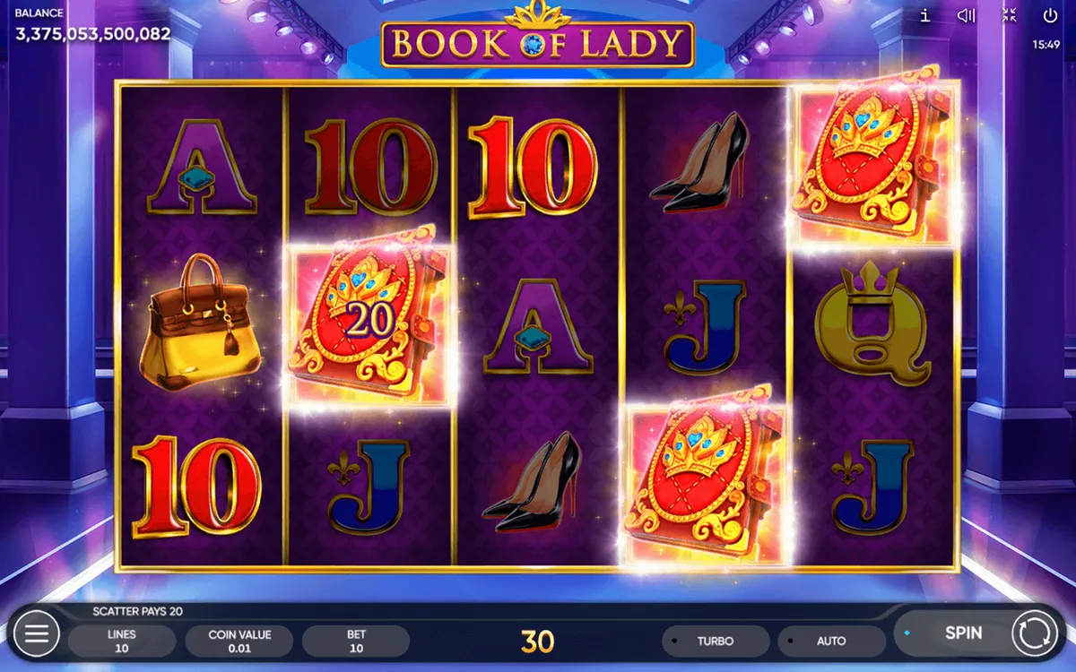 Book of Lady official Endorphina gameplay screen showing the reel layout