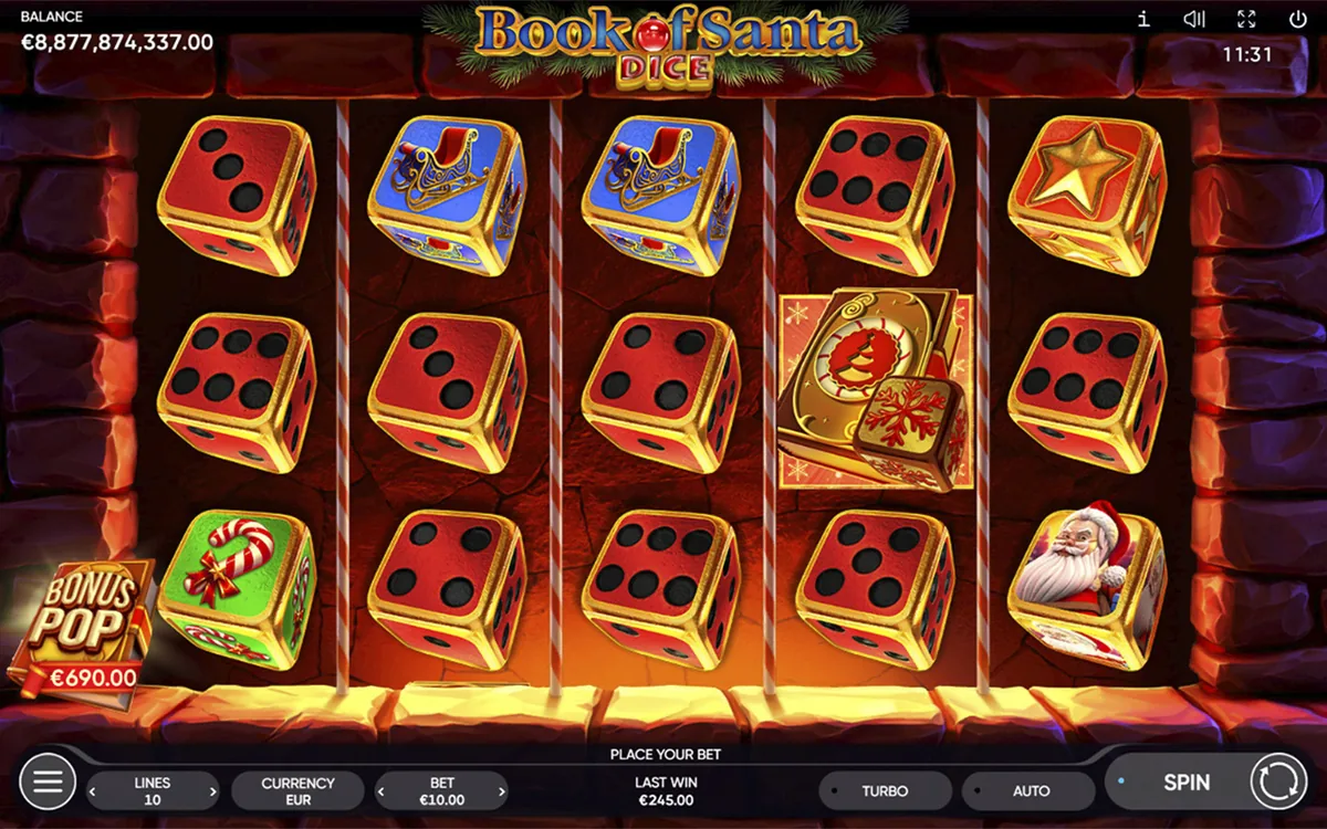 Book of Santa Dice official Endorphina gameplay screen showing the reel layout