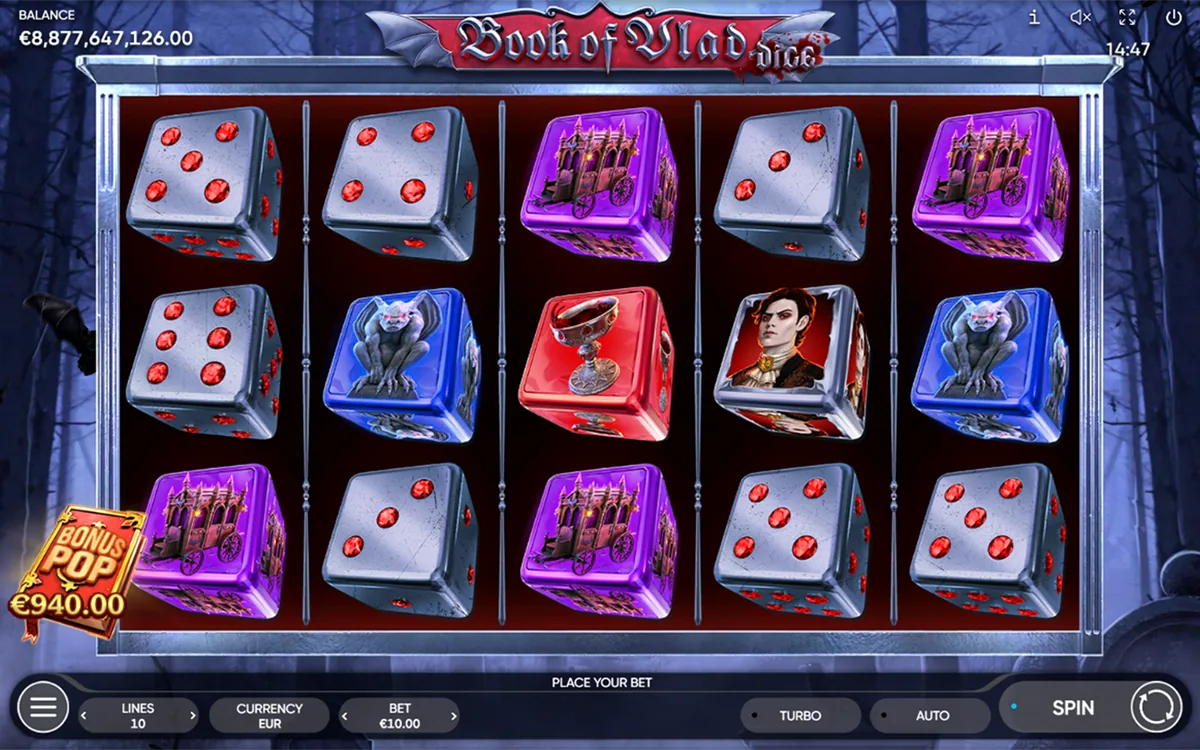 Book of Vlad Dice official Endorphina gameplay screen showing the reel layout