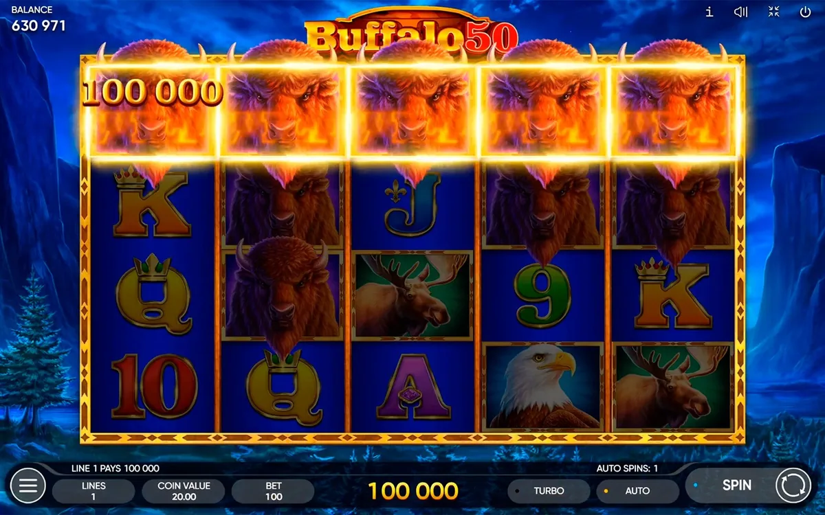 Buffalo 50 official Endorphina gameplay screen showing the reel layout