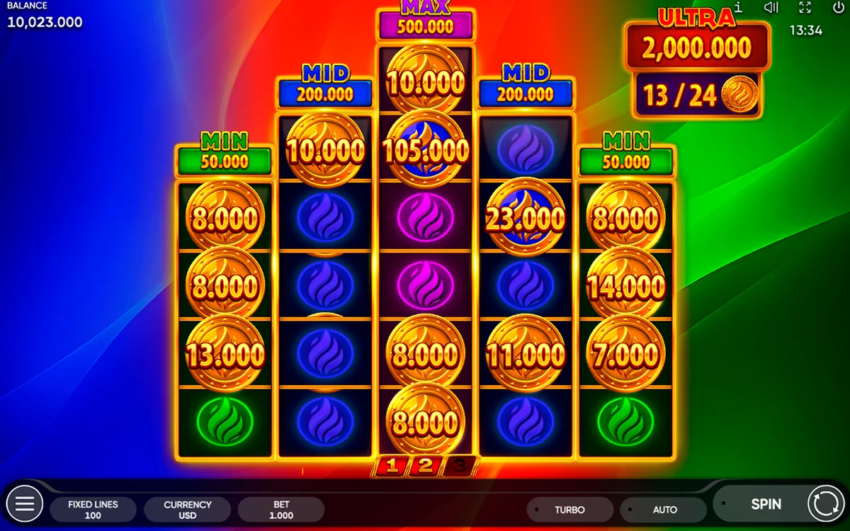 Burning Coins 100 official Endorphina gameplay screen showing the reel layout