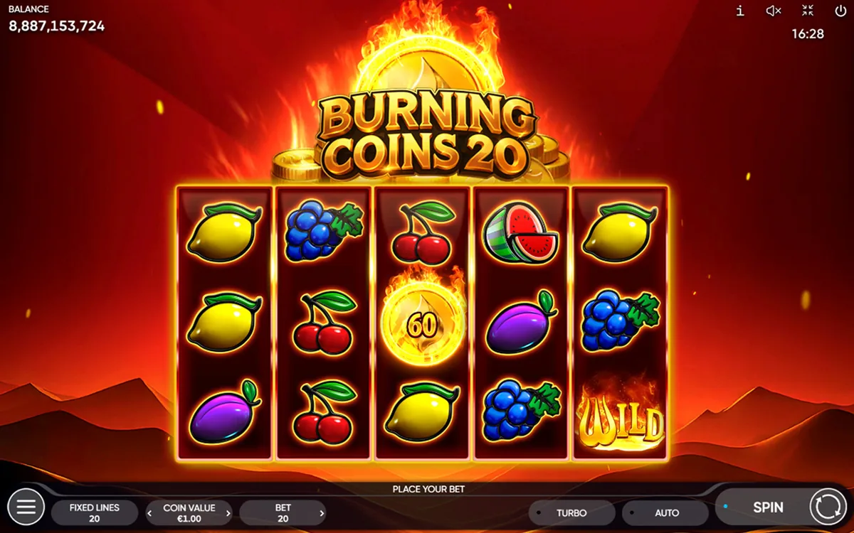 Burning Coins 20 official Endorphina gameplay screen showing the reel layout