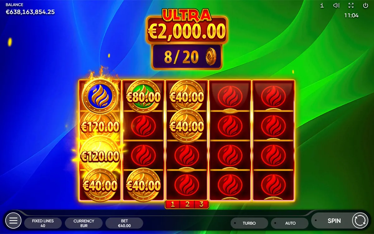 Burning Coins 40 official Endorphina gameplay screen showing the reel layout