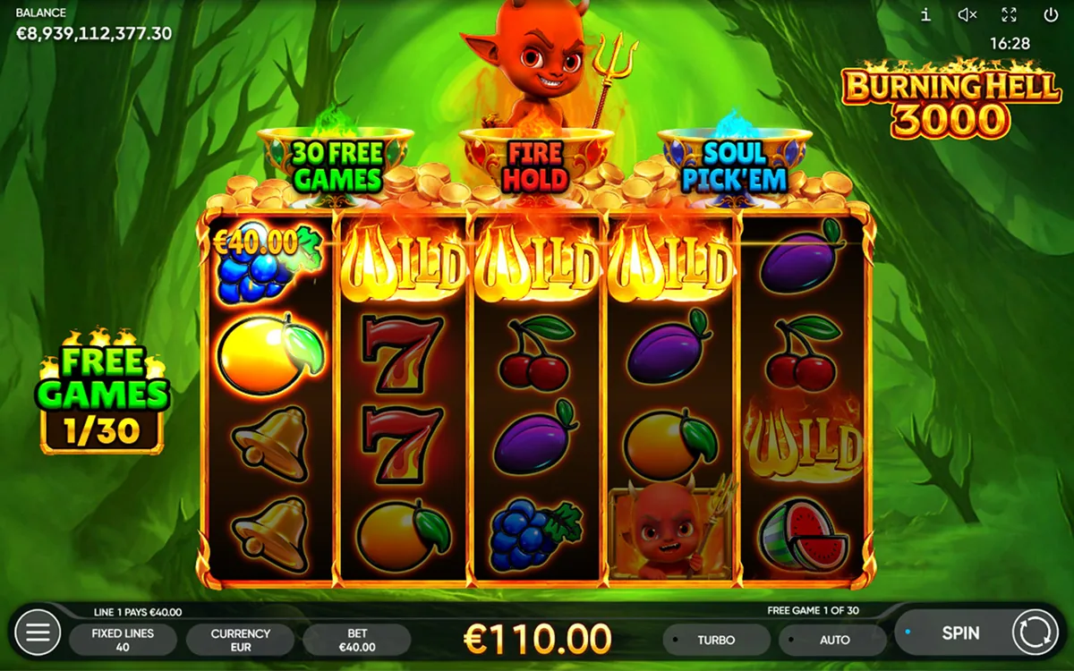 Burning Hell 3000 official Endorphina gameplay screen showing the reel layout