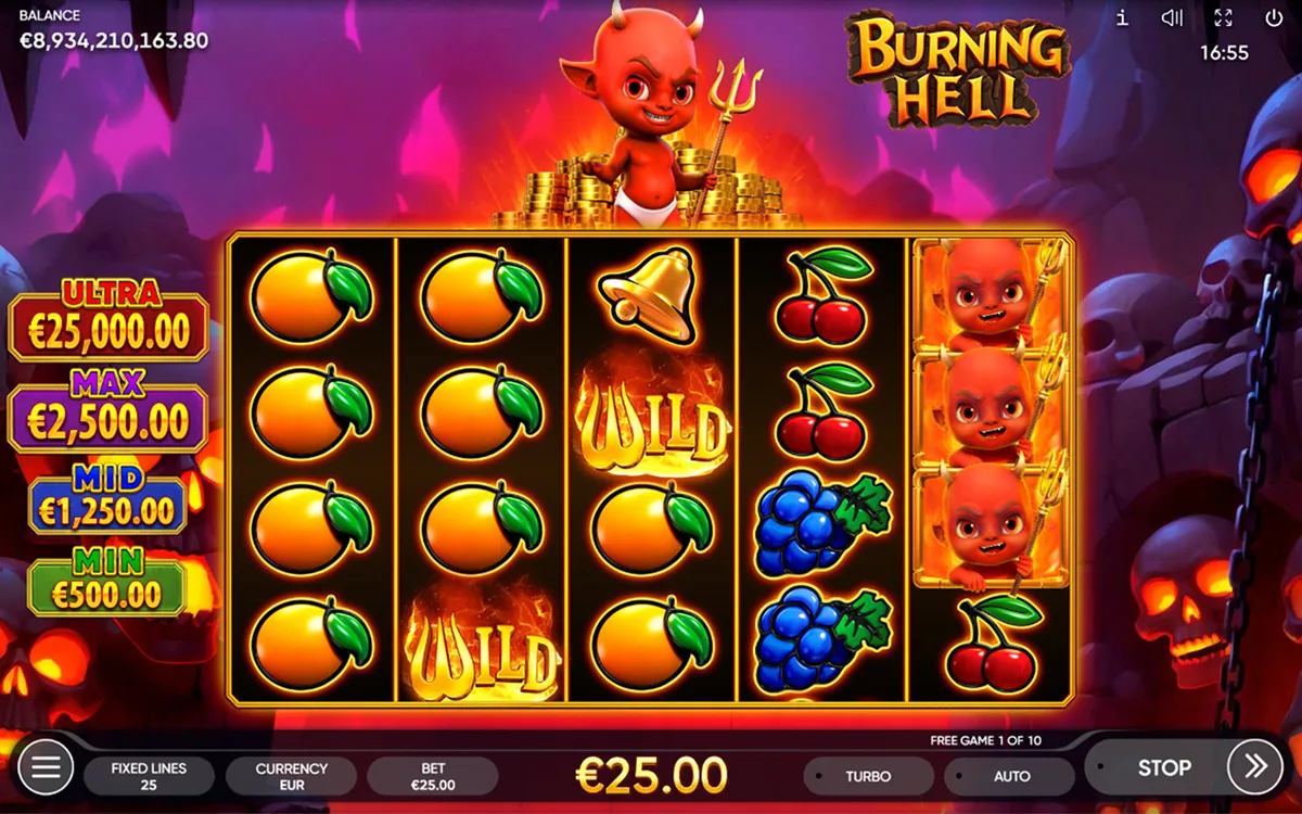 Burning Hell official Endorphina gameplay screen showing the reel layout