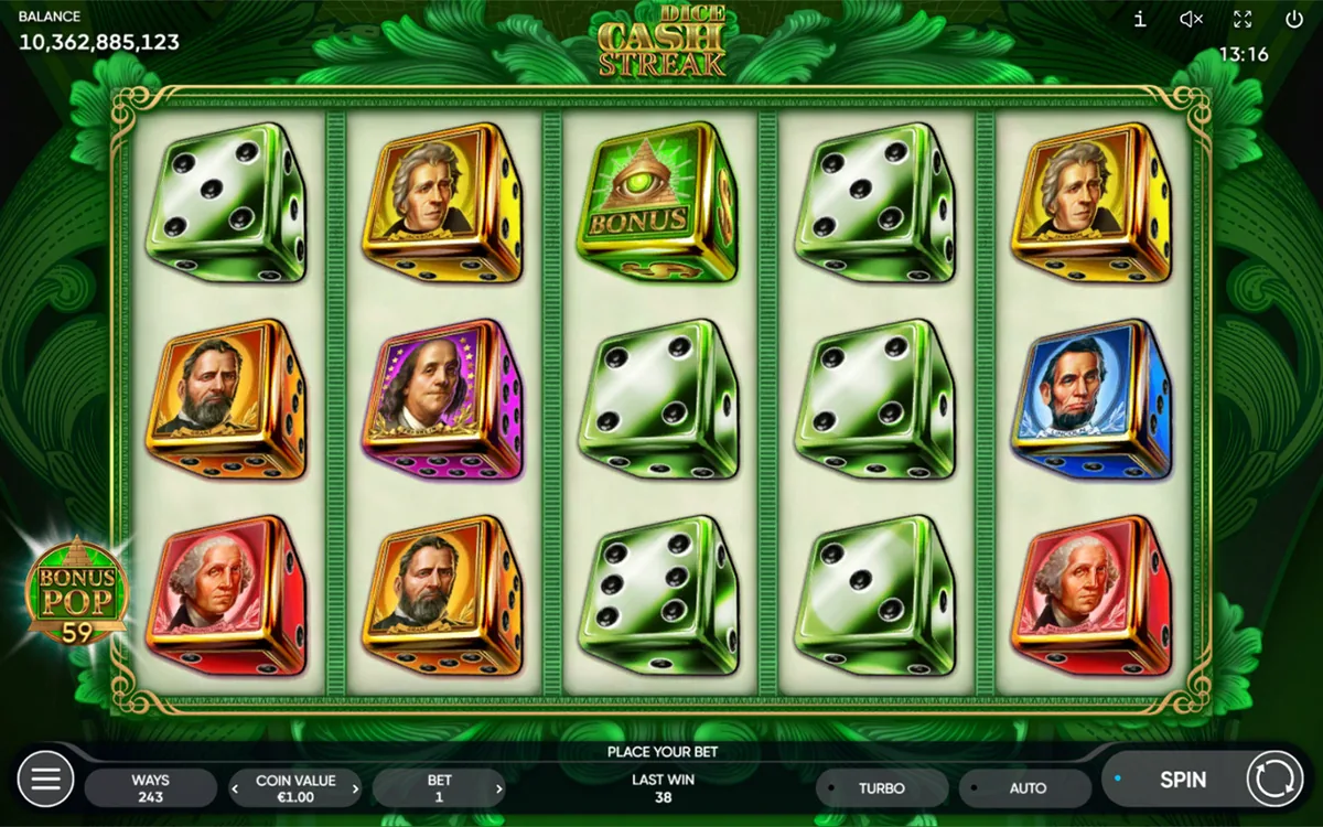 Cash Streak Dice official Endorphina gameplay screen showing the reel layout