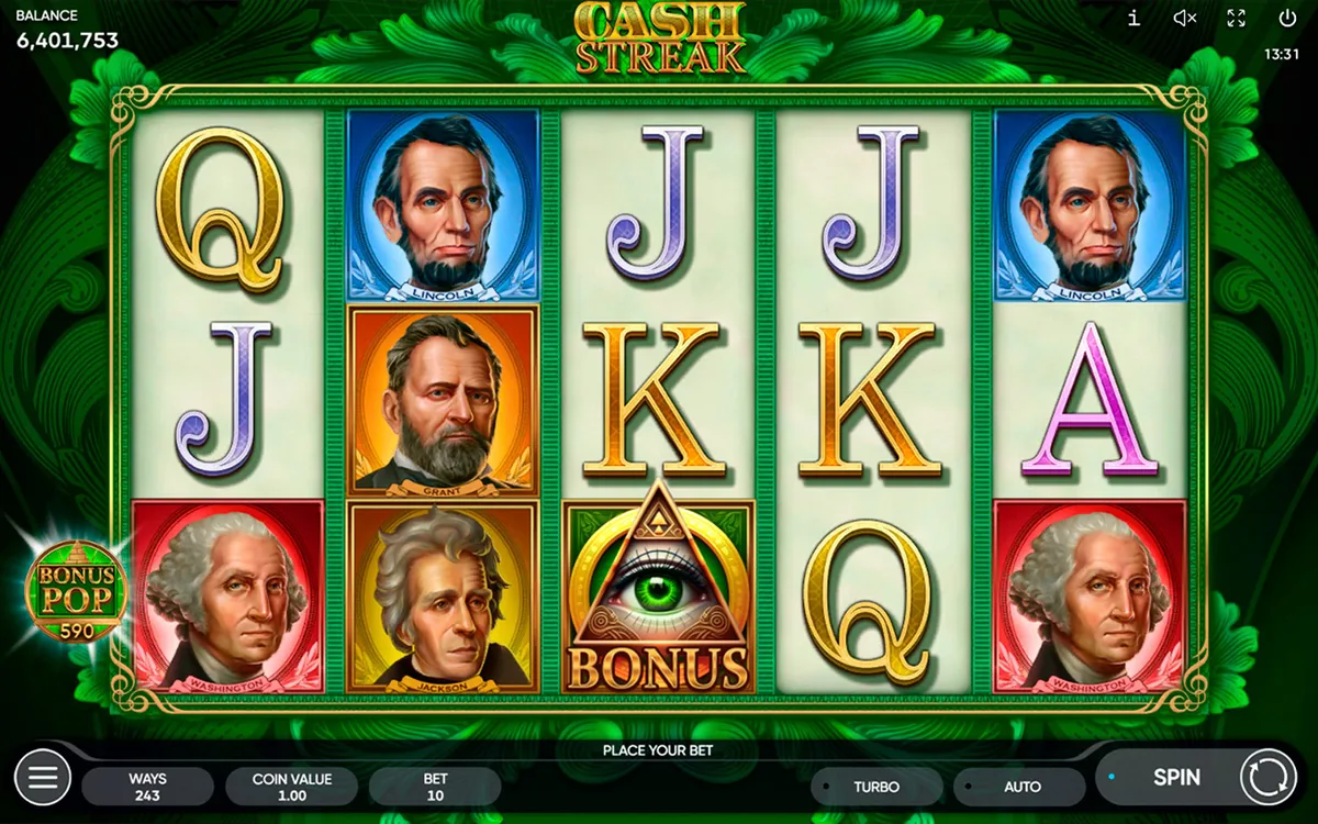 Cash Streak official Endorphina gameplay screen showing the reel layout