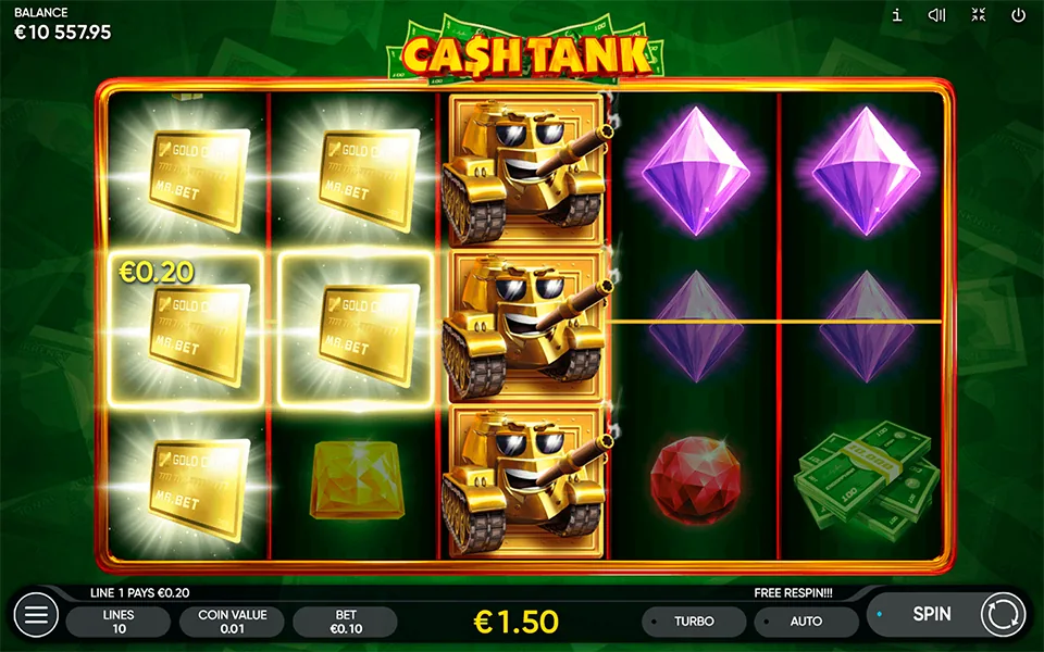 Cash Tank official Endorphina gameplay screen showing the reel layout