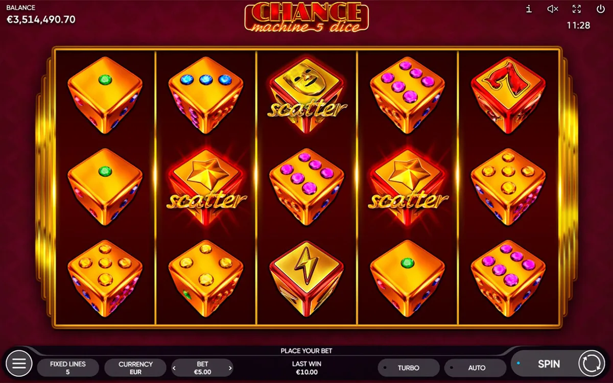 Chance Machine 5 Dice official Endorphina gameplay screen showing the reel layout