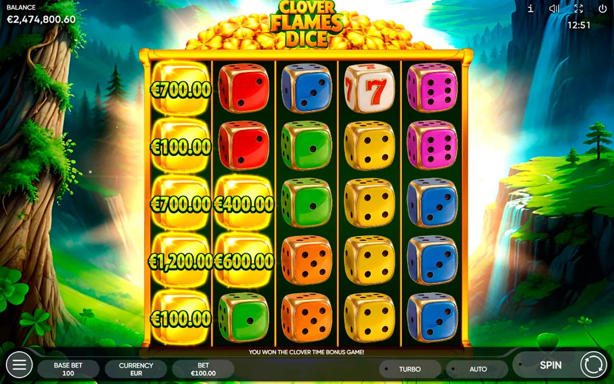 Clover Flames Dice official Endorphina gameplay screen showing the reel layout
