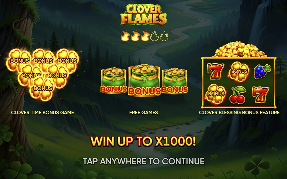 Clover Flames official Endorphina gameplay screen showing the reel layout