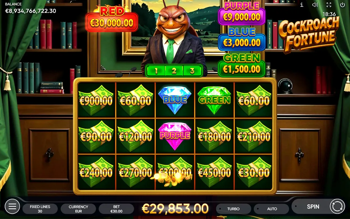 Cockroach Fortune official Endorphina gameplay screen showing the reel layout