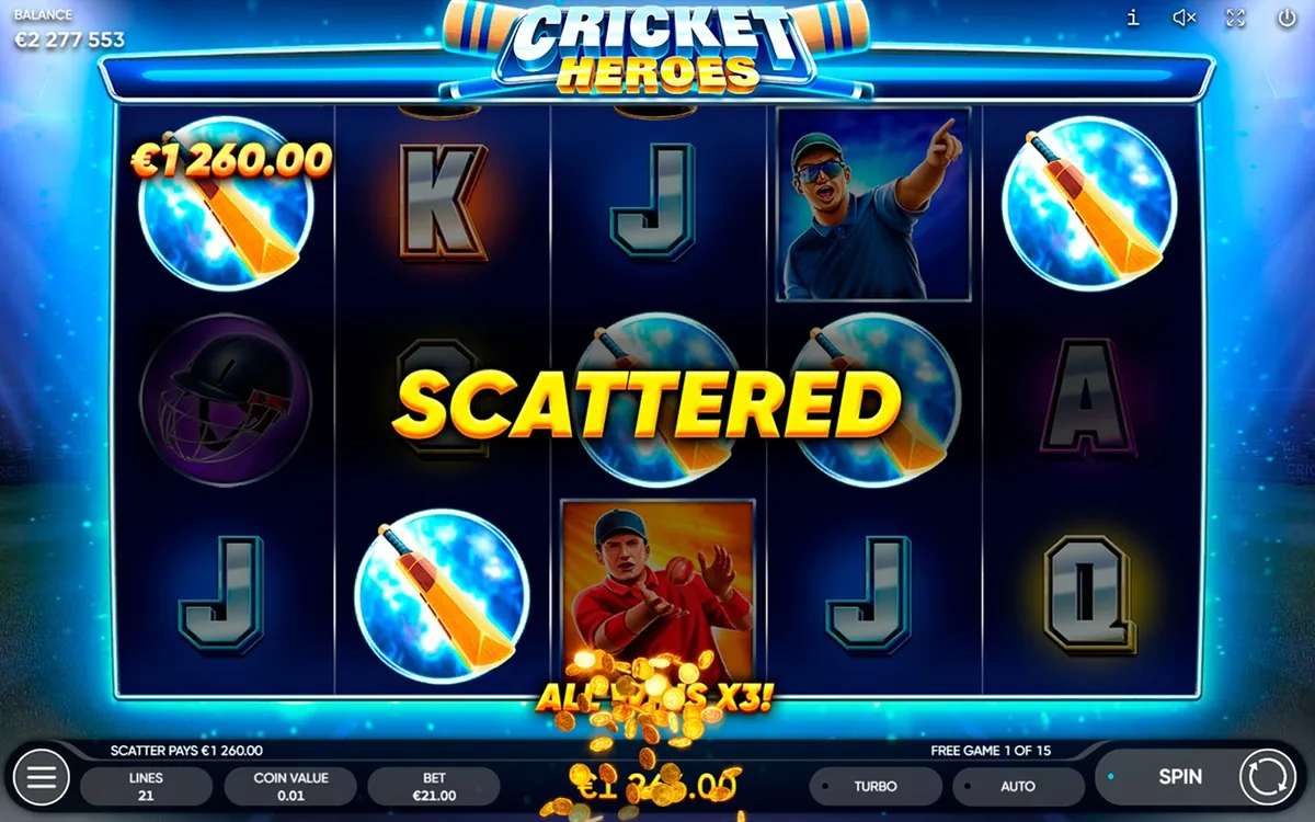 Cricket Heroes official Endorphina gameplay screen showing the reel layout