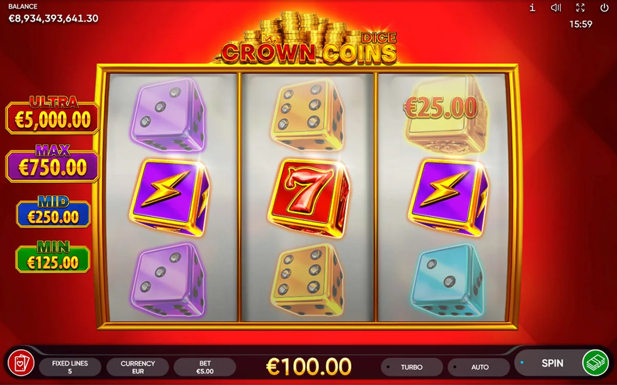Crown Coins Dice official Endorphina gameplay screen showing the reel layout