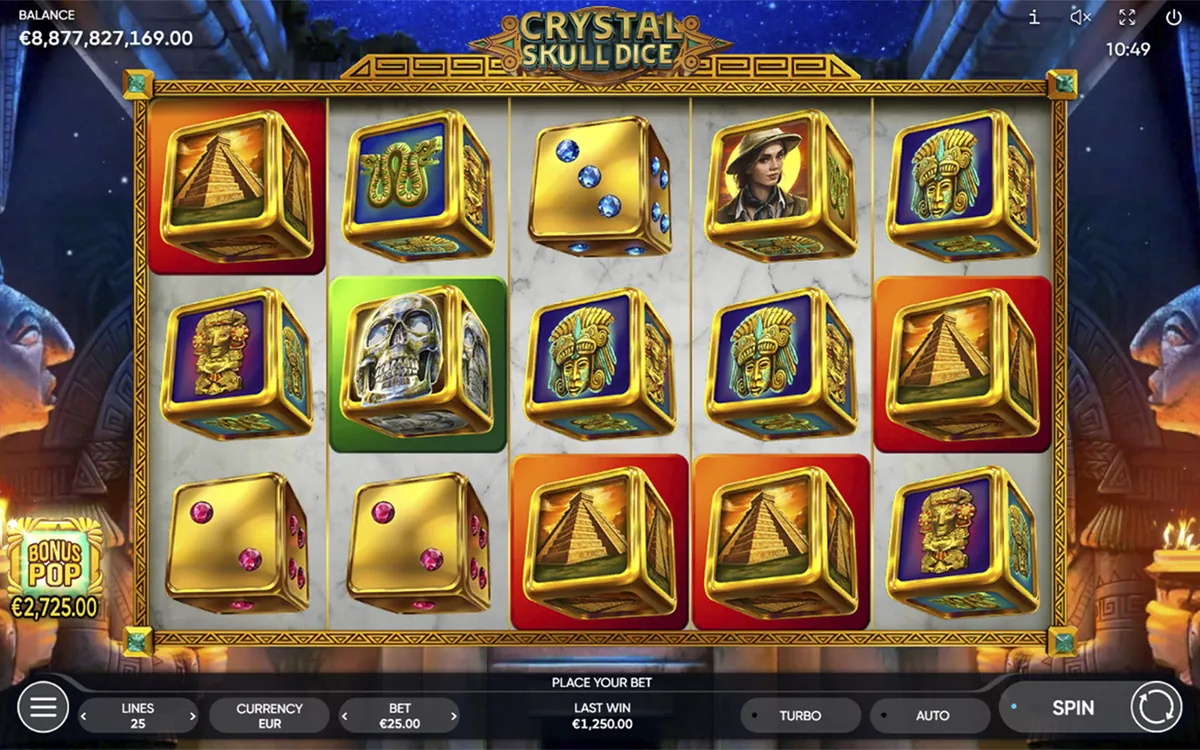 Crystal Skull Dice official Endorphina gameplay screen showing the reel layout