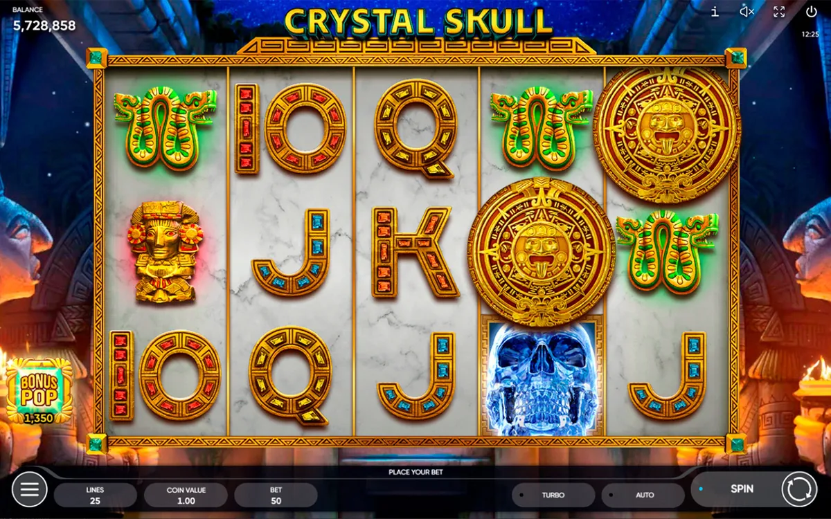 Crystal Skull official Endorphina gameplay screen showing the reel layout